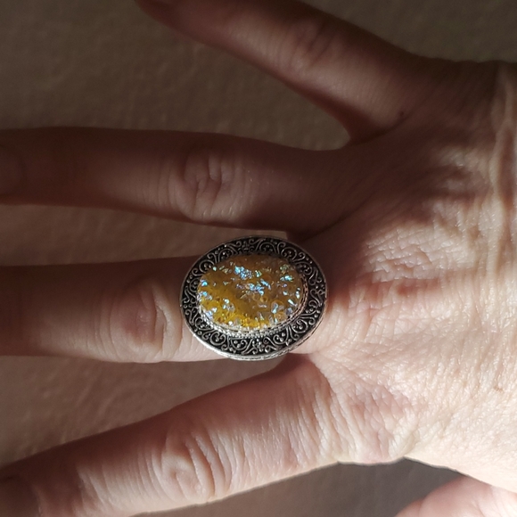 New Yellow Titanium Crystal Druzy 925 Silver Statement Ring. - Picture 5 of 16